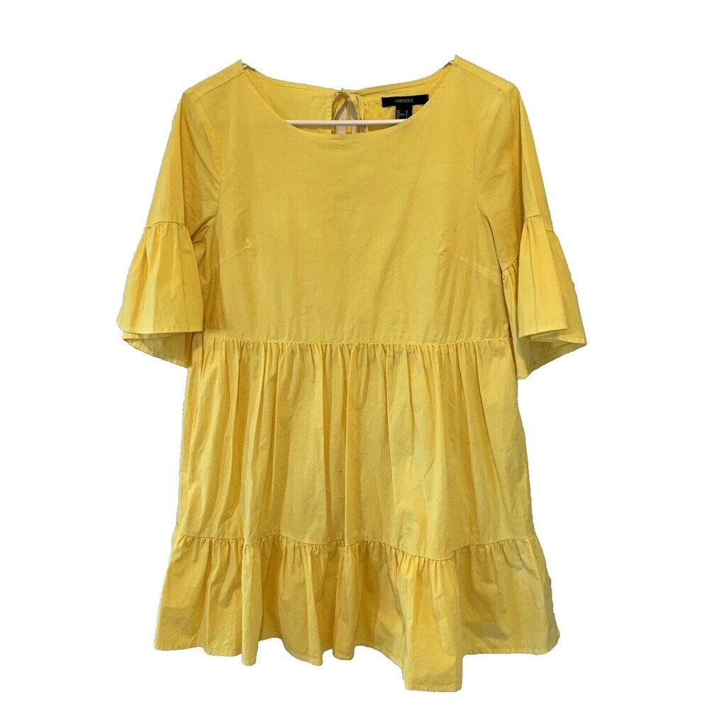 Forever 21 Mini Dress S Open Tie-Back 3/4 Bell Sleeves Babydoll Tiered Boho